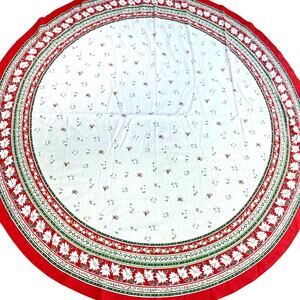 Vintage Christmas Tablecloth White Cotton Red & Green Border Oval Retro Holiday